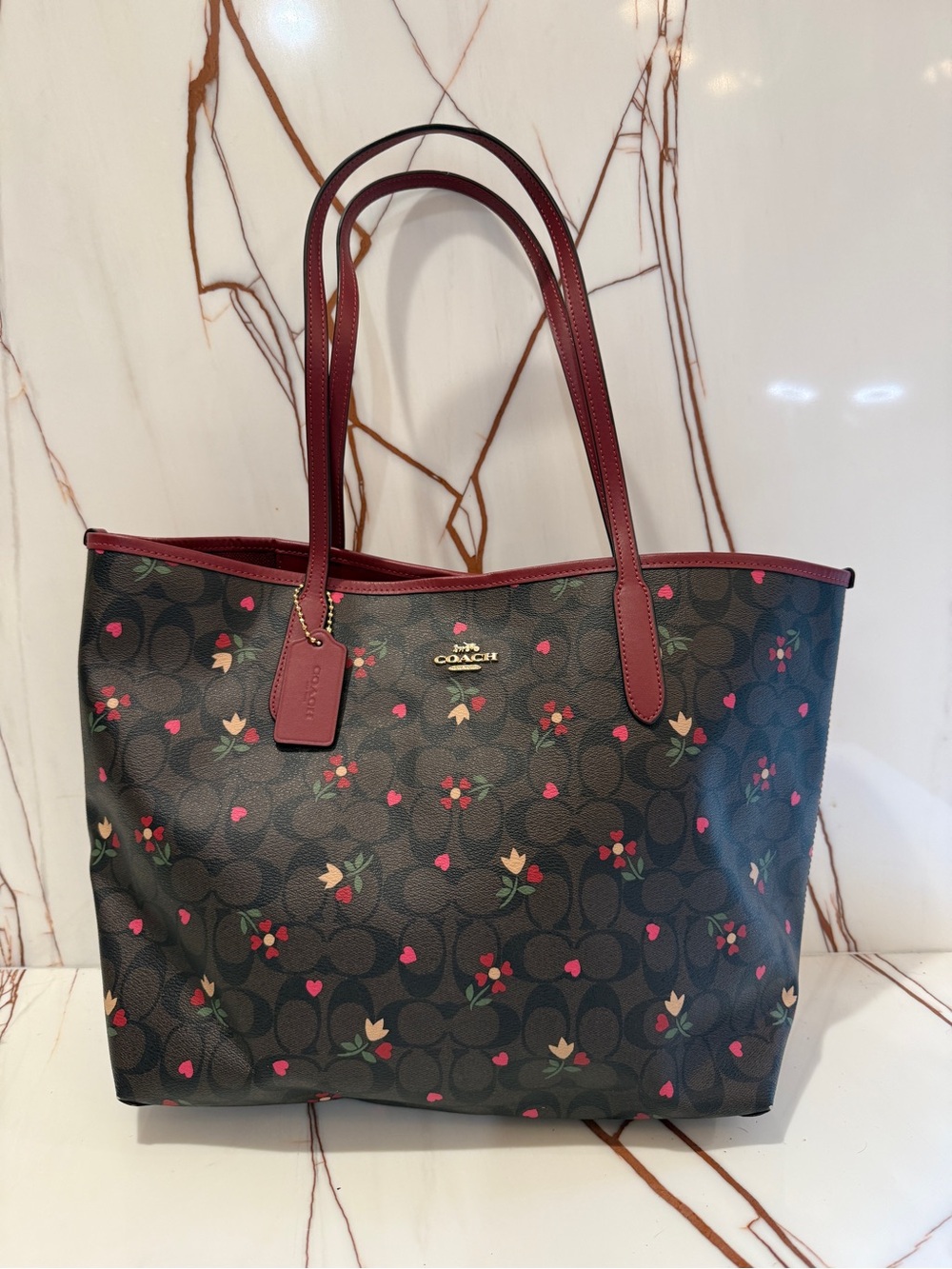 Coach Dark Brown Floral Signature Tote with Burgundy Trim